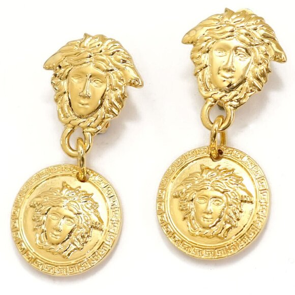 GIANNI VERSACE Medusa Dangle Clip-On Earrings Gold Tone Auth l1126-1